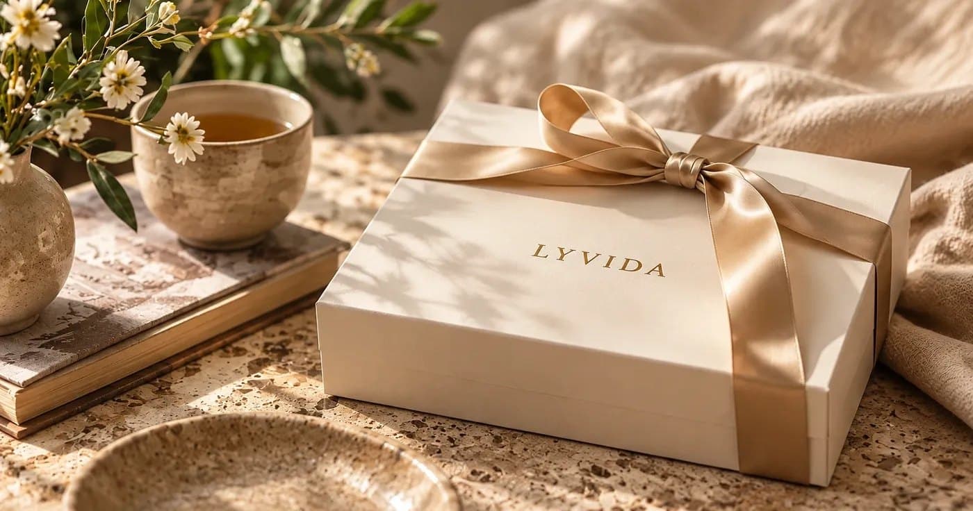 A Lyvida gift box tied with a satin ribbon